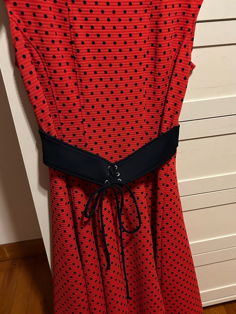Danny & Nicole Red Dress with Black Polka Dots - Picture 5 of 6